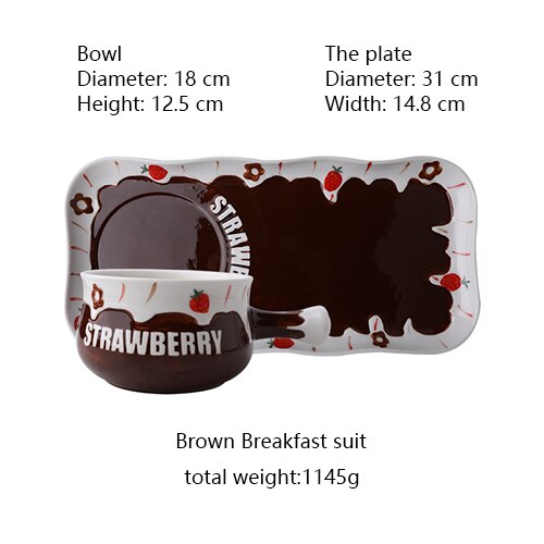 Juego de vajilla de cerámica con relieve, cuenco con mango, estilo nórdico, para desayuno, platos de postre, ensalada de leche, tazón con asa: Brown-set