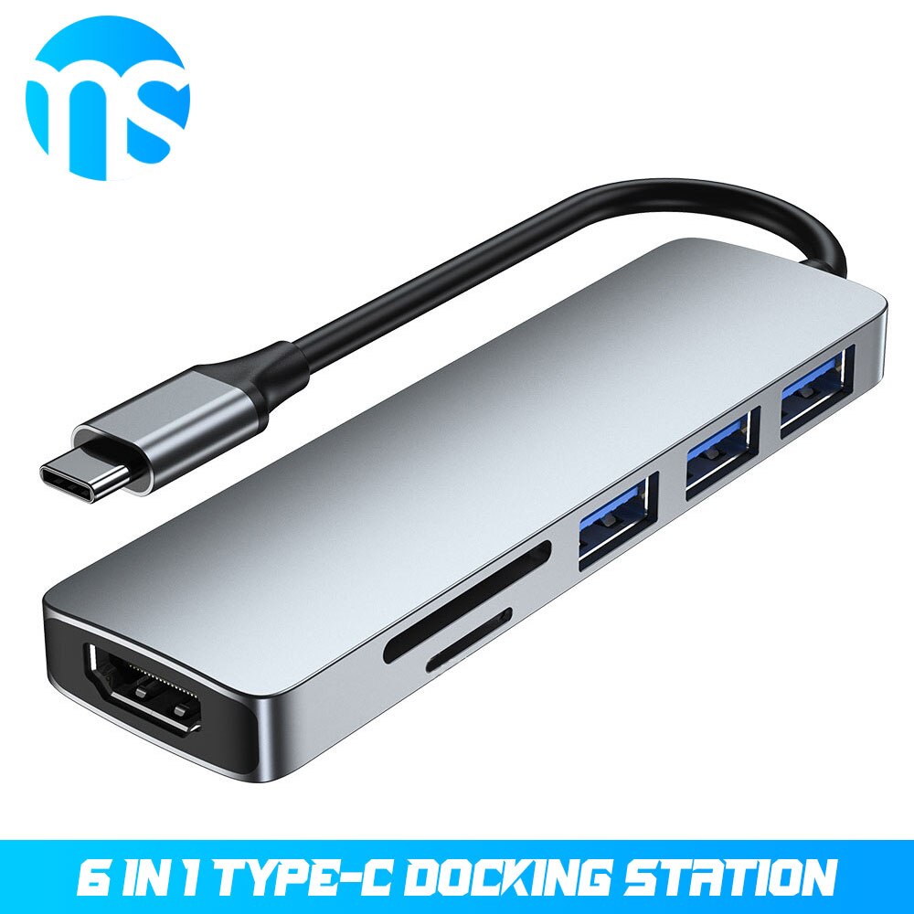 6 em 1 adaptador multiport da estação de acoplamento com hdmi 4k, 3 usb, leitor de cartão sd/tf para portáteis do tipo c do macbook: Default Title