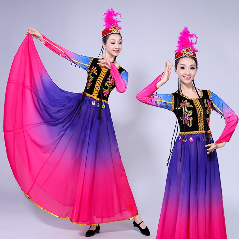 Traje de baile Xinjiang, falda grande de vuelo para mujeres con viento minoritario Uyghur, falda grande para mujeres y adultos