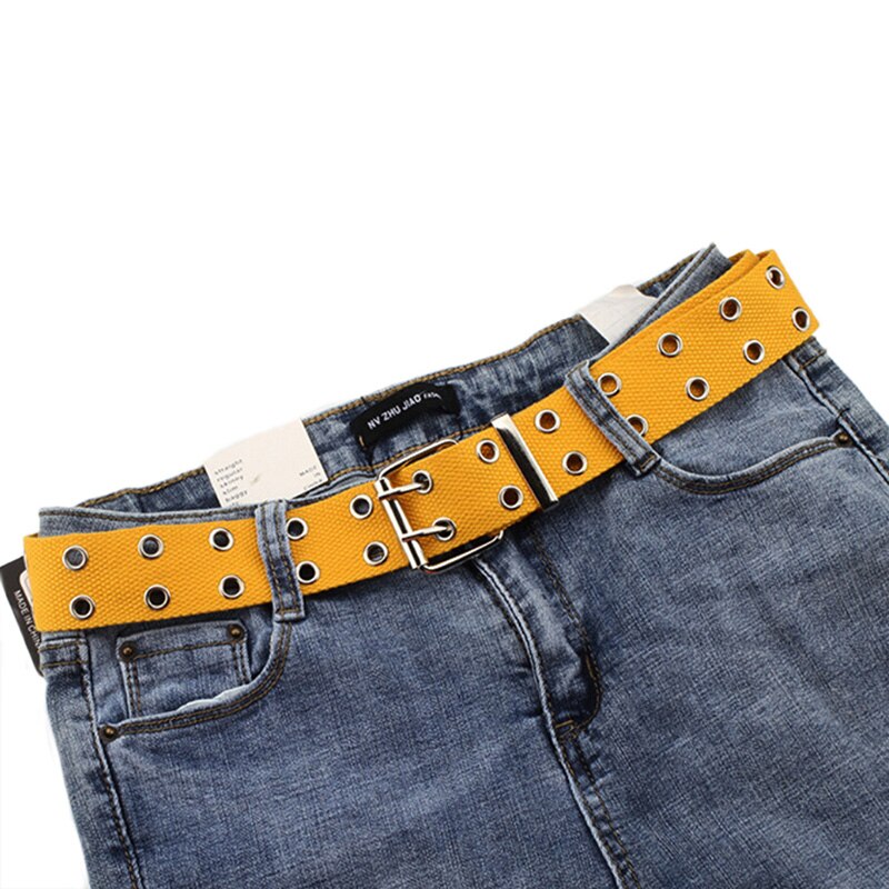 Harajuku Wide Canvas Web Double Grommet Hole Buckle Belt Female Male Waist Strap Belts for Women Men Jeans: Yellow