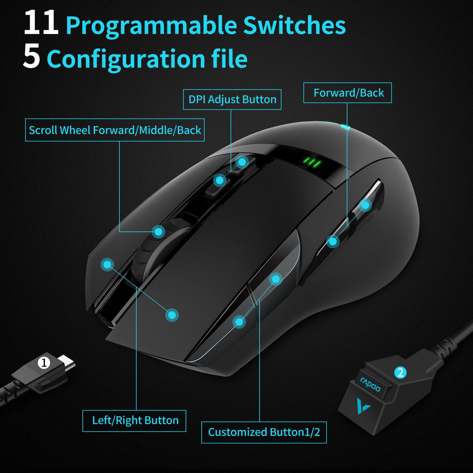 VT350C Wired/Wireless Dual Modes Gaming Mouse Rechargeable 11 Programmable Buttons Optical Mouse 5 Adjustable DPI RGB Backlight