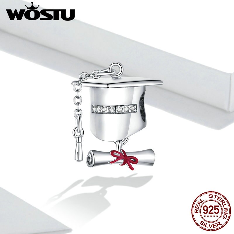 Srebro wysokiej próza pomocą 925 WOSTU CZ kwadrat Szkoła Wyższa czapka metalowe wiszące na oryginalną srebrną bransoletkę śliczne DIY prezent z wdziękiem FNC357