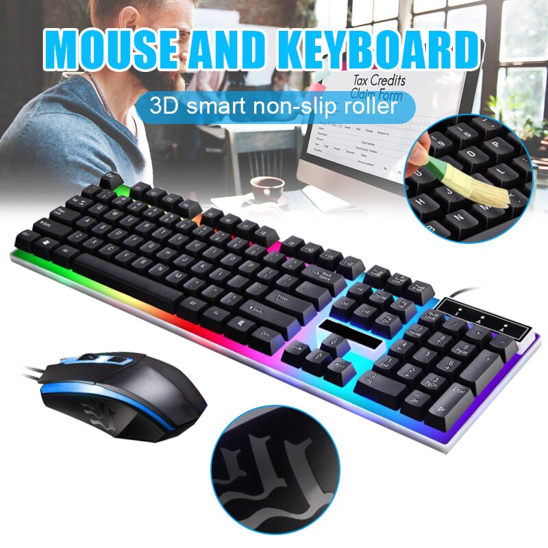 Gaming Keyboard Mouse Set USB Wired Backlit Colorful Rainbow Mouse Keyboard Kit for Home Office JHP-Best