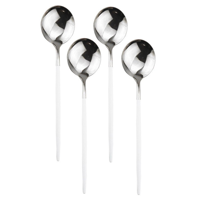 4Pcs Rosa Gold Geschirr Besteck Dessert Löffel Set Lange Griff Spiegel Löffel Besteck Küche Zubehör 304 Edelstahl: White Silver