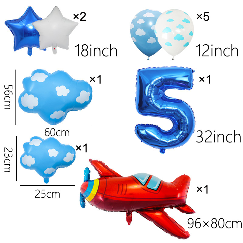 Juego de globos de avión para decoración de de cumpleaños, globo con números azules de 32 pulgadas, globo de nube, suministros para de avión