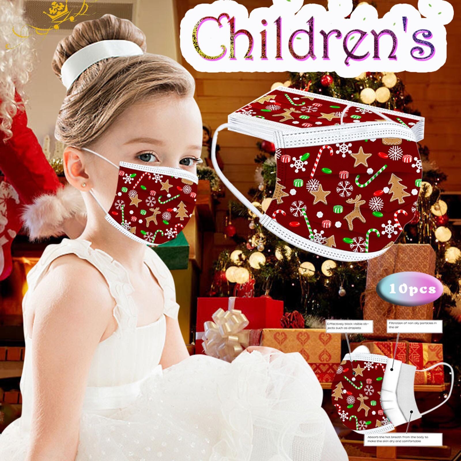 25# 10pc kindermaskers met kerstprint, wegwerpmaskers, stofdicht masker, anti-stofmaskers met oorlussen en oorlussen.