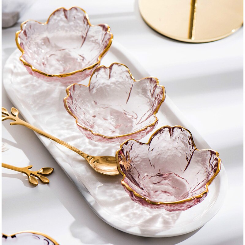 3pcs Glass Bowl Tableware Gold Outline Sauce bowl Japan Style Cherry Blossoms Seasoning Plate Mini Vinegar Dish Kitchen Supplies