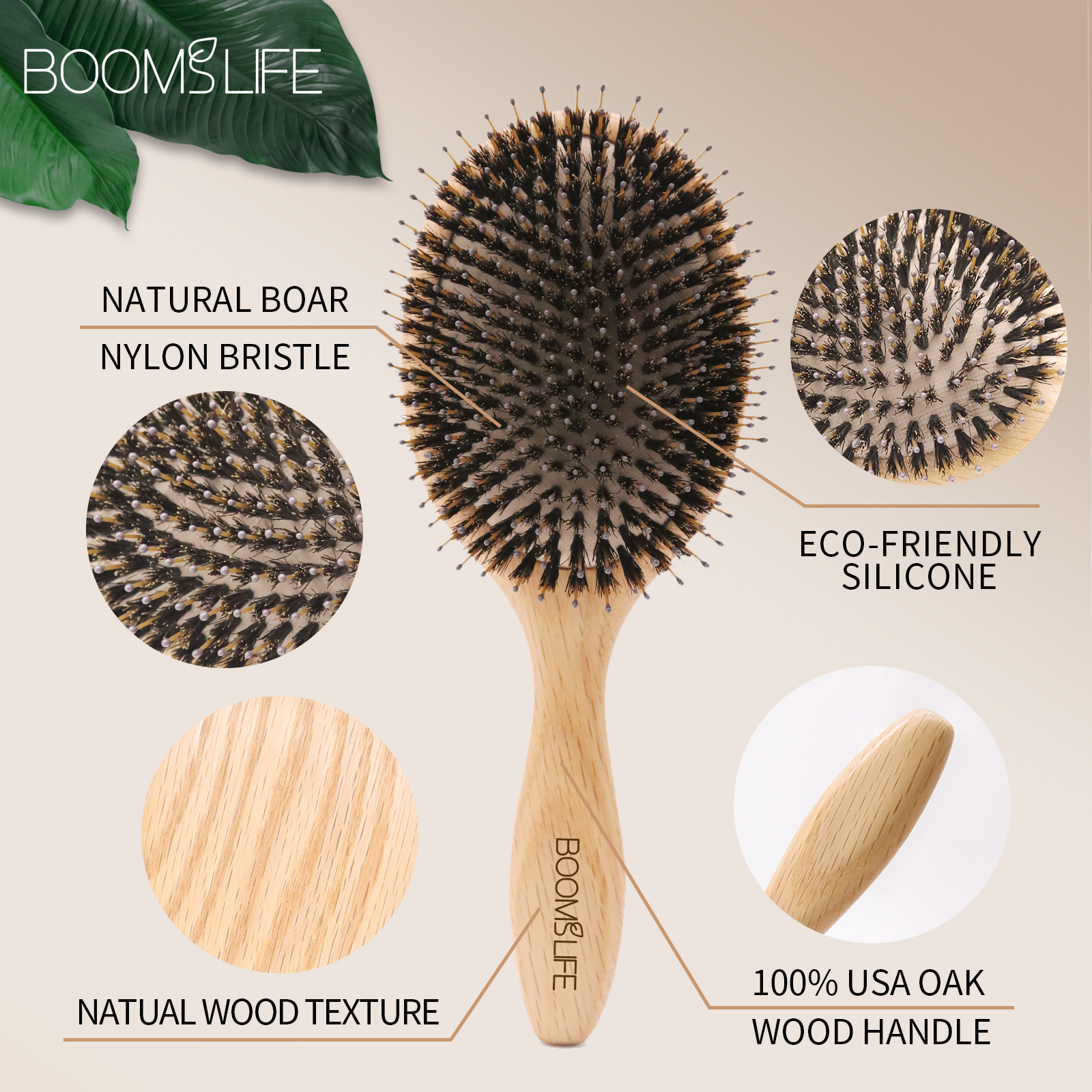 Cepillo de pelo con cerdas de jabalí, peines de madera para mujer, cepillo para masaje del cuero cabelludo, cepillo para desenredar el cabello, cepillo de pelo de madera de roble, peine de peluquero para el cabello