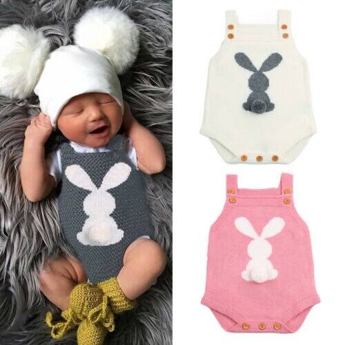 Focusnorm Leuke Bunny Peuter Kids Baby Meisjes Jongens Gebreide Wollen Bretels Bodysuit Haar Bal Wol Outfit Kleding