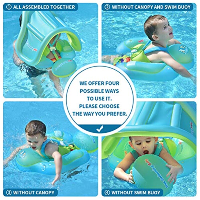 Inflatable Baby Swimming Ring Float Trainer Swimming Pool Accessories Floating Baby Bath Float with Bottom Support and Canopy