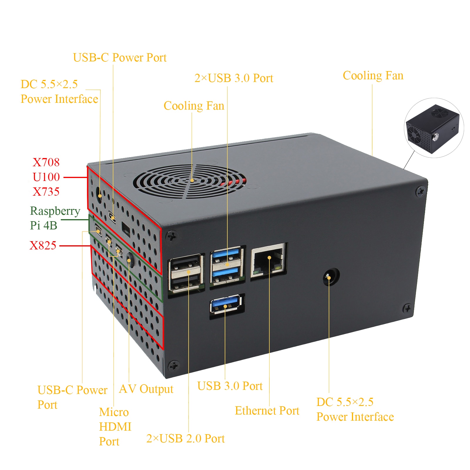 Raspberry Pi 4B X825 2.5 inch SSD/HDD Expansion Board Matching Metal Case With Switch+Cool Fan For Raspberry Pi 4 Model B