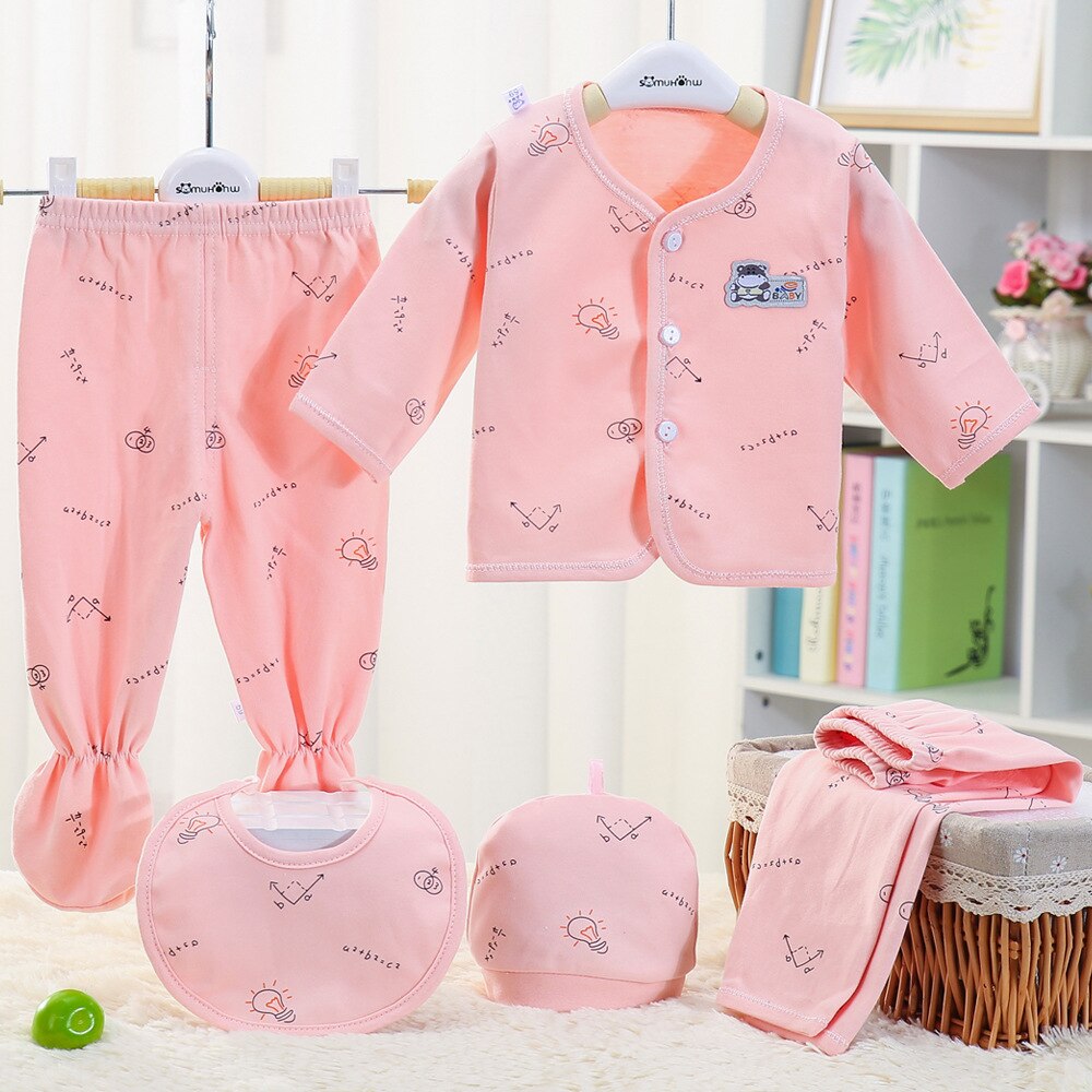 5pcs/sets Newborn Baby Unisex Clothing Soft Cotton Set Infant Long Sleeve Girls Shirt+pant Bibs Hat Suit Underwear: style 7