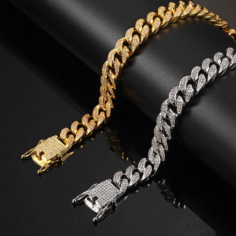 Coola kvinnor herr trottoar cubansk länk armband koppar lab bling iced out hel cz spänne guldkedja silverpläterade armband