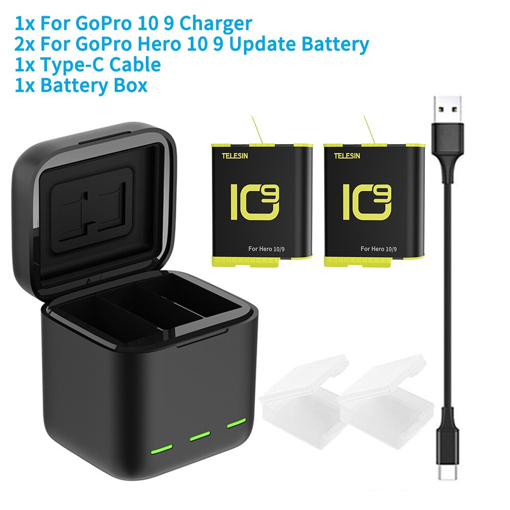 TELESIN For GoPro 10 9 Battery 1750mAh 1220mAh 3 Slots LED Light Charger Box TF Card Storage For GoPro Hero 5 6 7 8 9 10 Black: 2 NB For 9 10