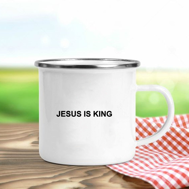 Jésus est dieu imprimer tasses en émail chrétien tasses à café boisson Dessert petit déjeuner lait tasse Vintage tasse poignée Drinkware: Orange