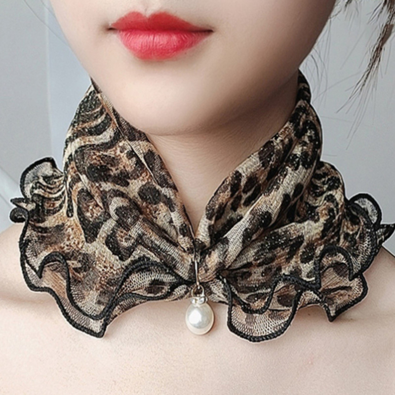 Bufanda de perlas de encaje con orejas de madera, hilo de Color dorado, variedad de cuello de dama, pañuelos de gasa para el cabello, primavera y verano, para el día de la madre: Negro