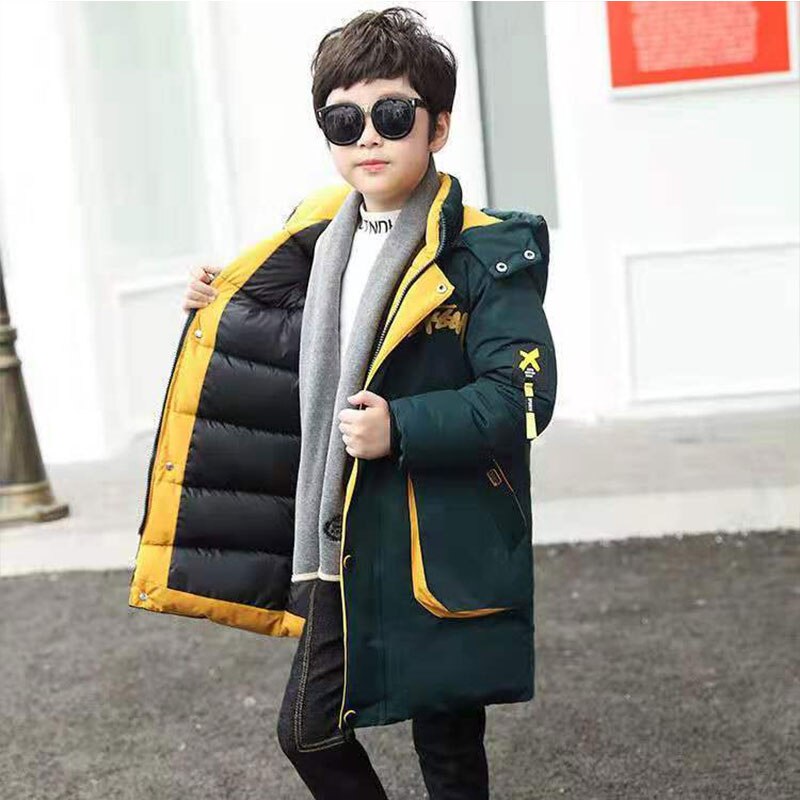 Winter Boys Thick Padded Coat Children Clothing Outerwear Boy Long Jacket Fashionable Clothes for Children Winter Coat: Green / 8