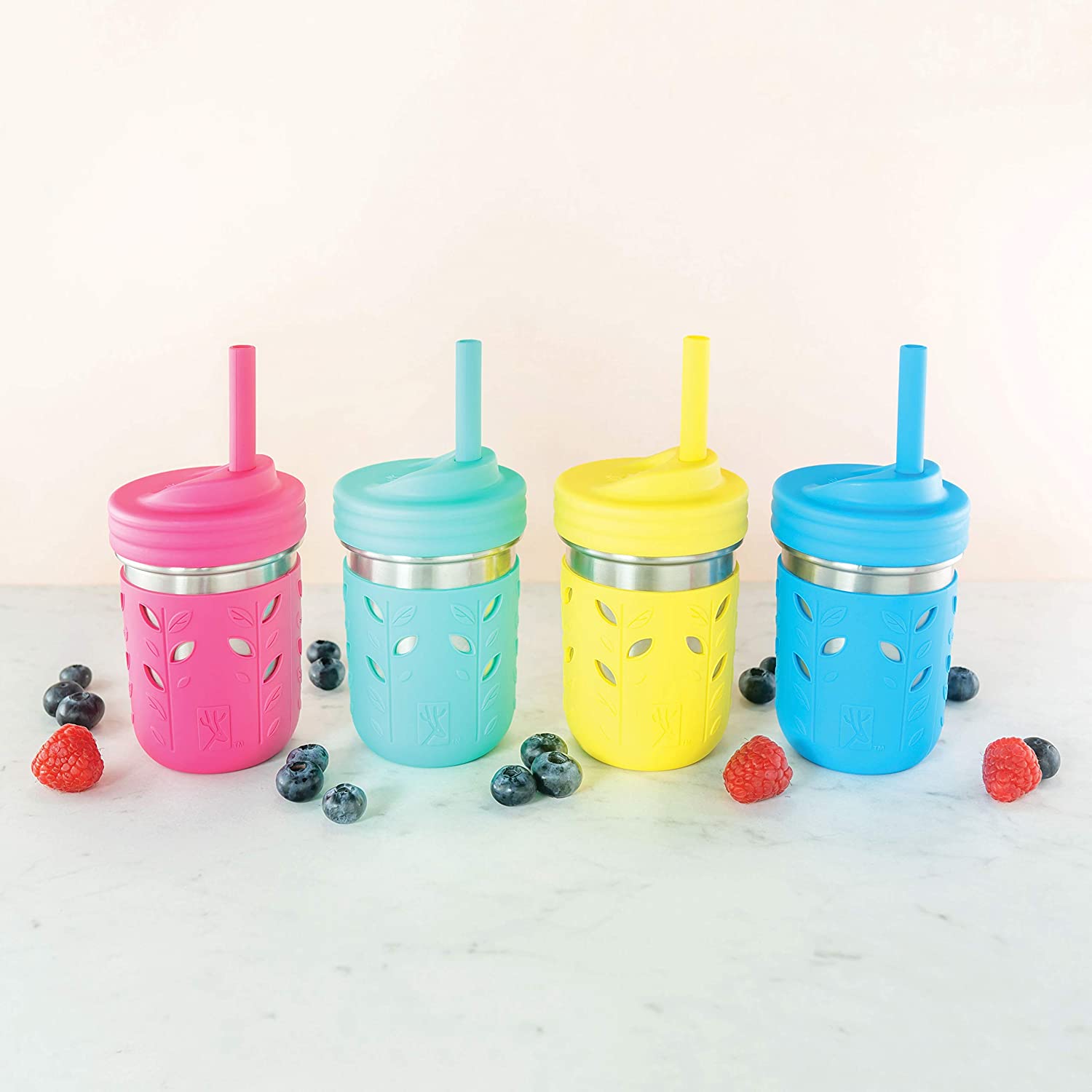 Stainless Steel Cups Mason Jar 10oz Kids Drinking Cups with Silicone Sleeves & Straws Leakproof Stopper Sippy Smoothie Mugs