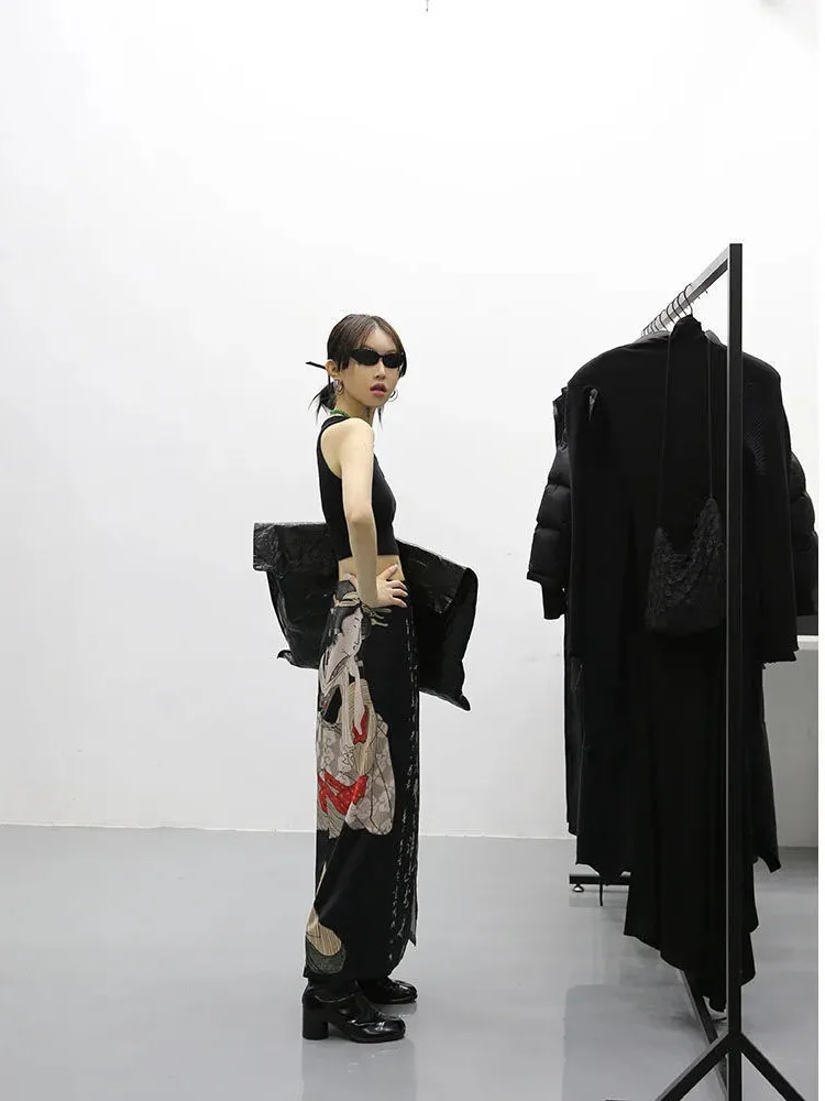 Faldas con estampado negro Tie Dye de estilo japonés para Mujer, Falda larga dividida acampanada, ropa de calle Harajuku, Faldas góticas para Mujer Y2k Saia Fairycore