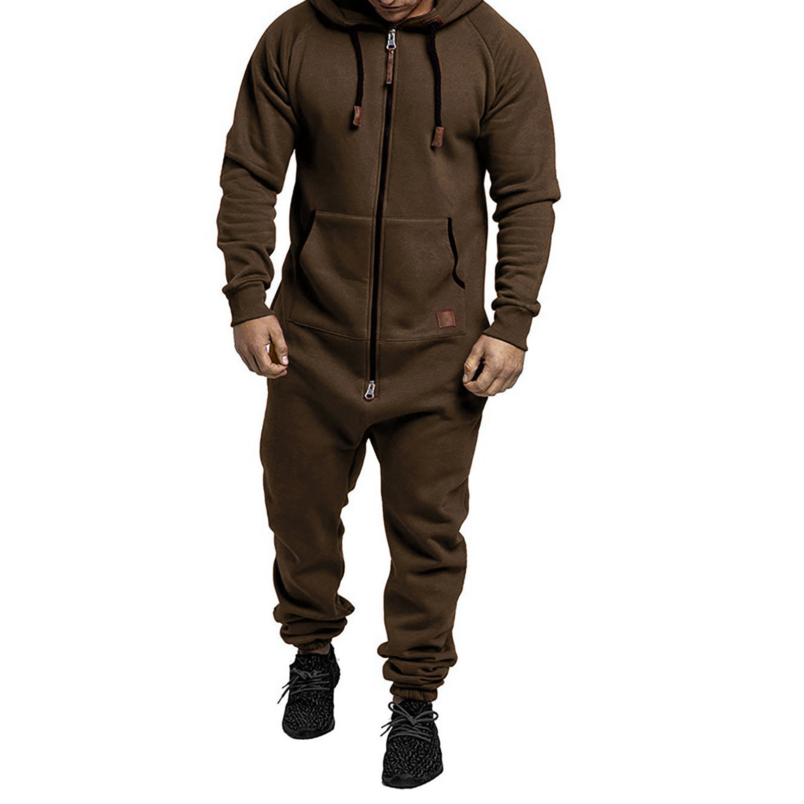 Men's Long Sleeve Full Zipper Up Overalls Sweatsuits with Drawstring Winter Hooded Jumpsuits with Pockets: XXL / Brown