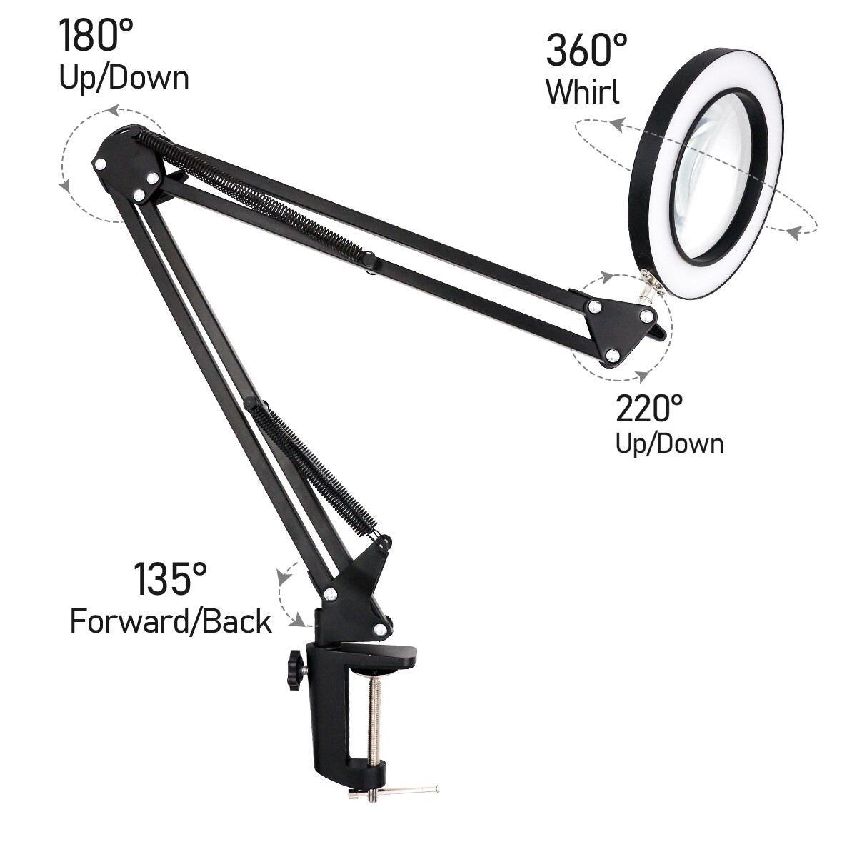 LED Magnifying Lamp Metal Swing Arm Magnifier Lamp Stepless Dimming 3 Color Modes 5X Magnification 4.1" Diameter Glass Lens