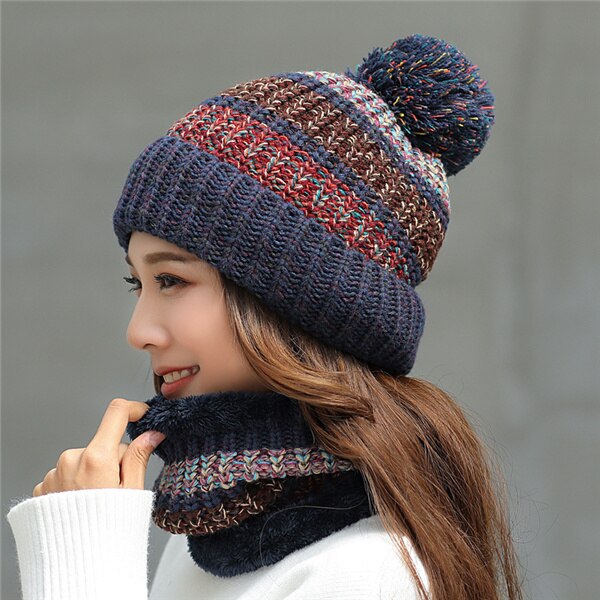 Gorros de invierno para mujer, gorros tejidos a rayas de Color mixto, conjunto de 2 piezas, gorros gruesos y cálidos, gorros, gorros para mujer: Navy blue