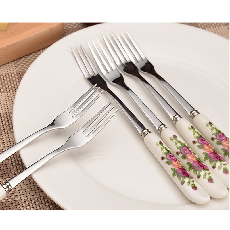 Vacclo rustfrit stål frugt måne-kage gafler rose keramisk håndtag salat dessert sød gaffel elegance husholdnings køkken servise: Rød rose