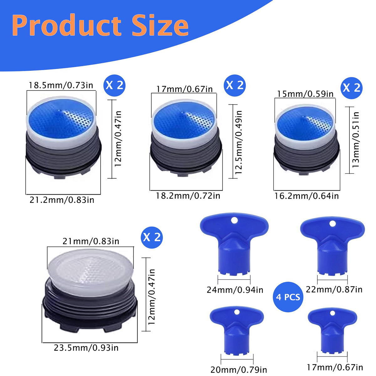 Aireador de grifo de 8 Uds., aeradores de 16,2-23,5 Mm para grifos, aireador de grifo, ahorro de agua, inserto de colador de grifo con 4 tamaños de llave