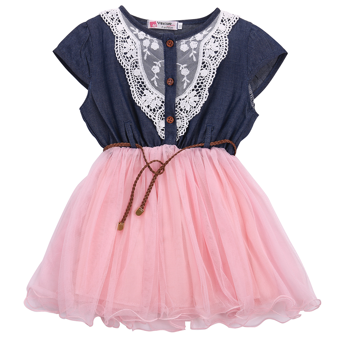 Vestidos de tul de tela vaquera con cinturón de encaje para niñas bebés y niñas de 1 a 6 años