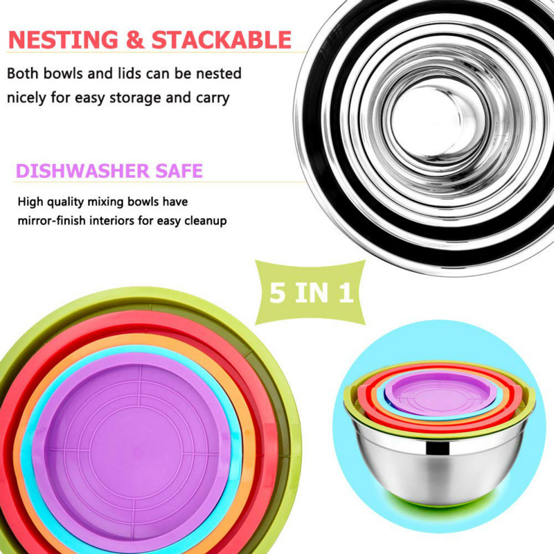 Bols de mélange en acier inoxydable avec couvercles, 5 pièces de 18/20/22/24/26cm, avec fond en Silicone, bols de rangement, de nidification, de préparation de repas