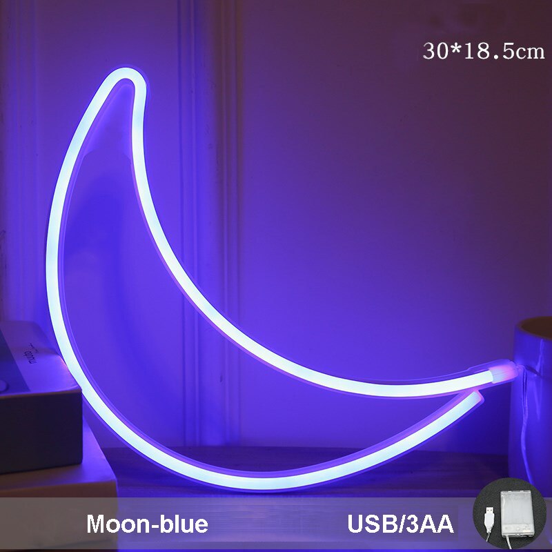 Neon Sign Behang Computer Kamer Muur Display Opknoping Sfeer Verlichting Tekenen Slaapkamer Werkruimte Desktop Decoratie Lampen: moon blue