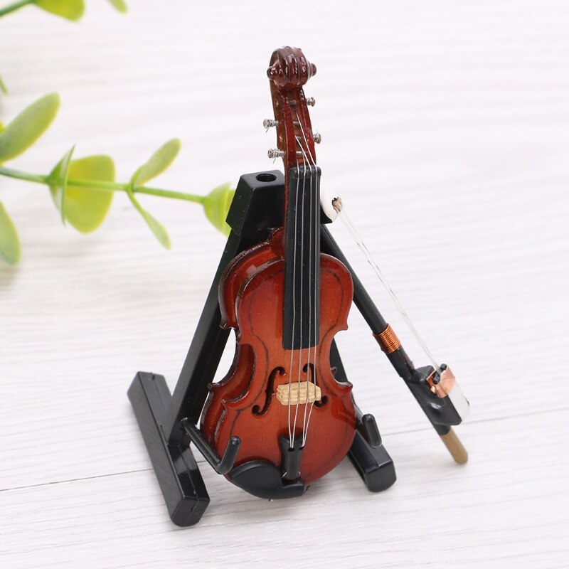 7cm Mini Violin Miniature Musical Instrument Wooden Model with Support and Case