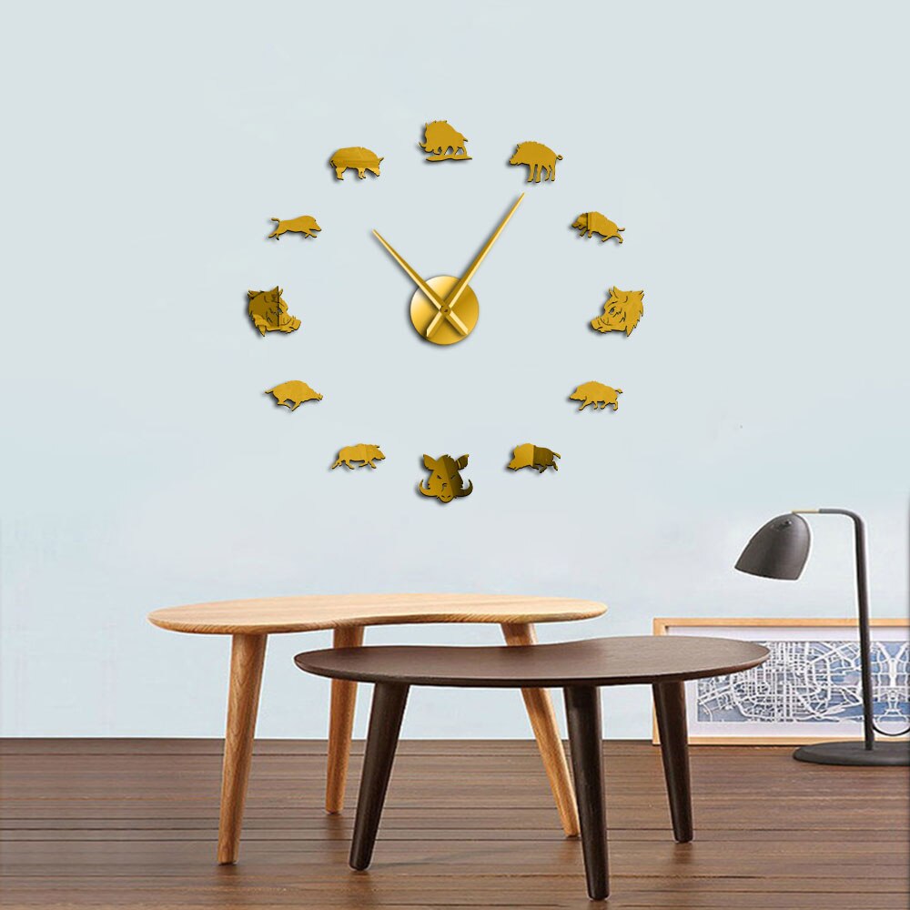 3D Sus Scrofa Wild Boar Figures Wall Art Mirror Stickers DIY Giant Mute Wall Clock Wild Pig Large Hanging Watch Hunter