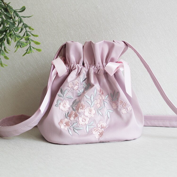 Satin Embroidered Hanfu Bag Versatile with Drawstring Strap Mouth Bag Ancient Style Women's Bag Artistic Canvas Shoulder Bag: Purple