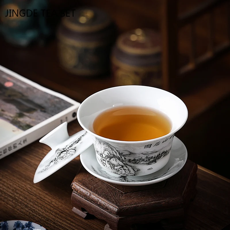 Chinese Blue and White Porcelain Gaiwan Portable Travel Tea Bowl Home Ceramic Teacup Handmade Teaware Personal Single Cup 140ml