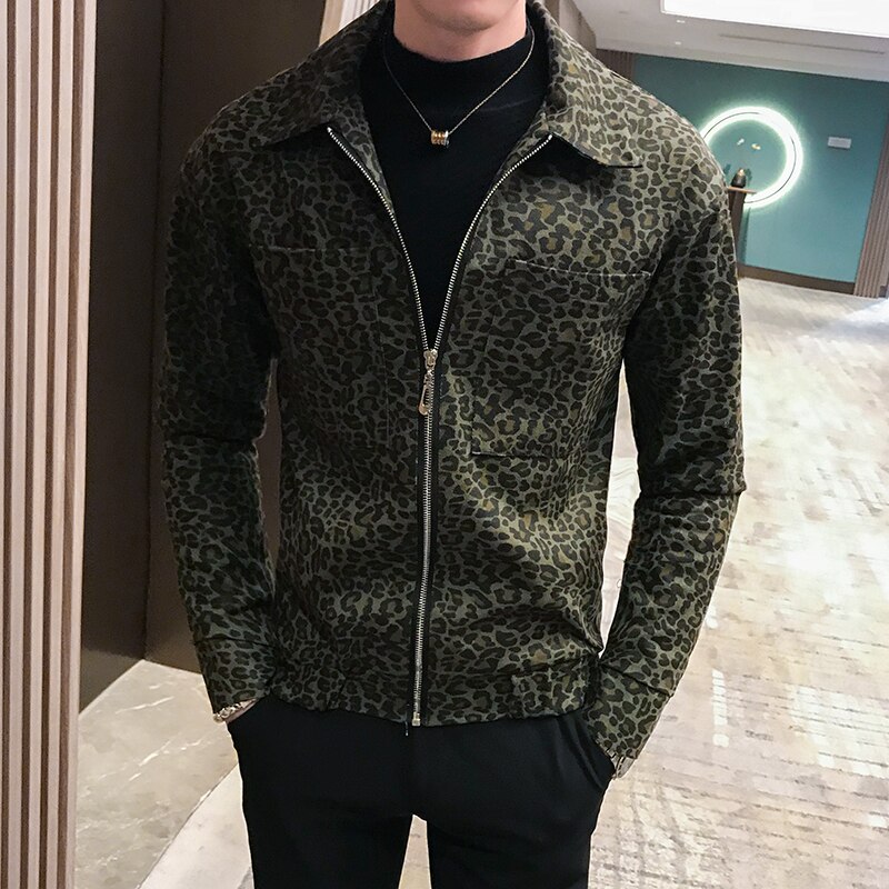 Chaqueta de leopardo para hombre, Cazadora bomber de con cremallera, informal, a la , primavera y otoño,