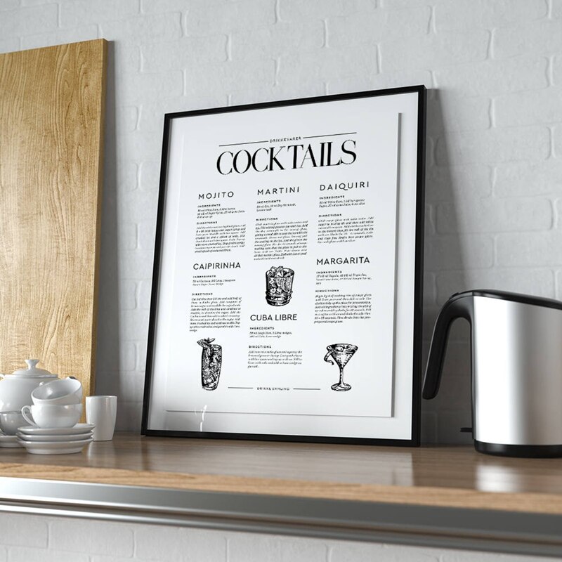 Handtekening Dranken Cocktail Poster Nordic Wall Art Print Cocktail Poster Wijn Winkelwagen Art Dorm Decoraties Retro Poster Kraftpapier