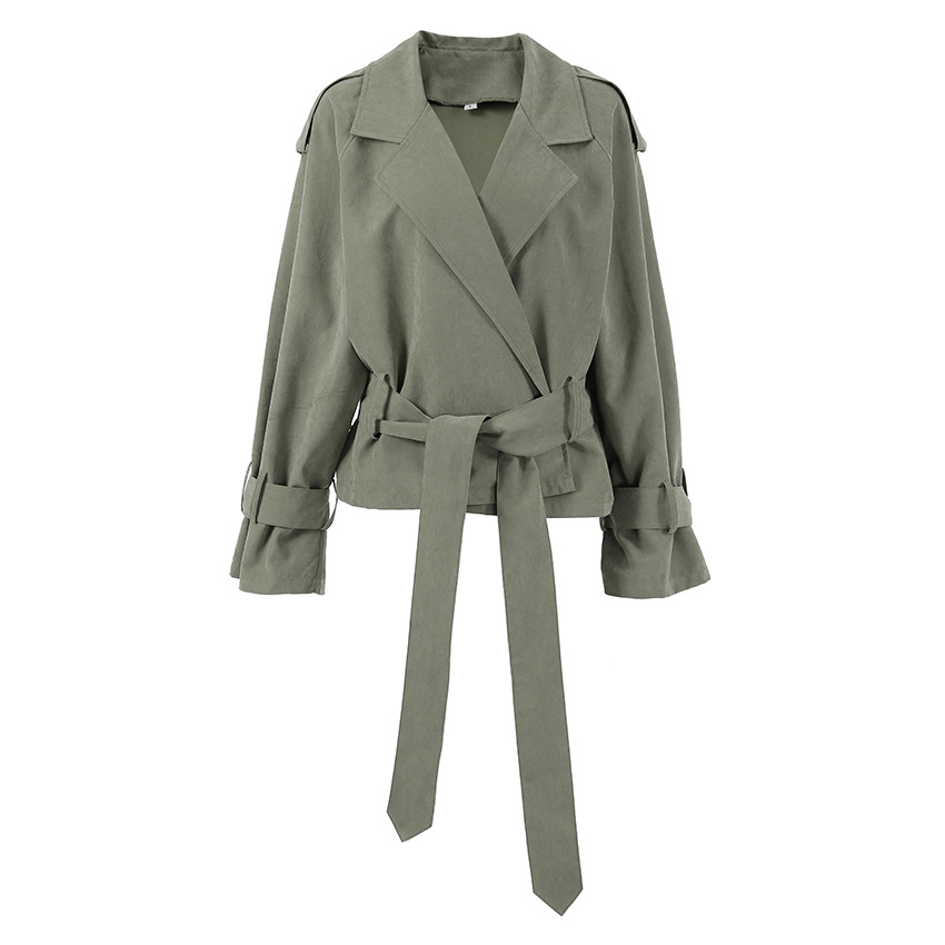 2025 Vrouwen Lace Up Riem Trenchcoat Chic Solid Revers Volledige Mouw Zak Korte Windjack Herfst Dame Straat Bovenkleding