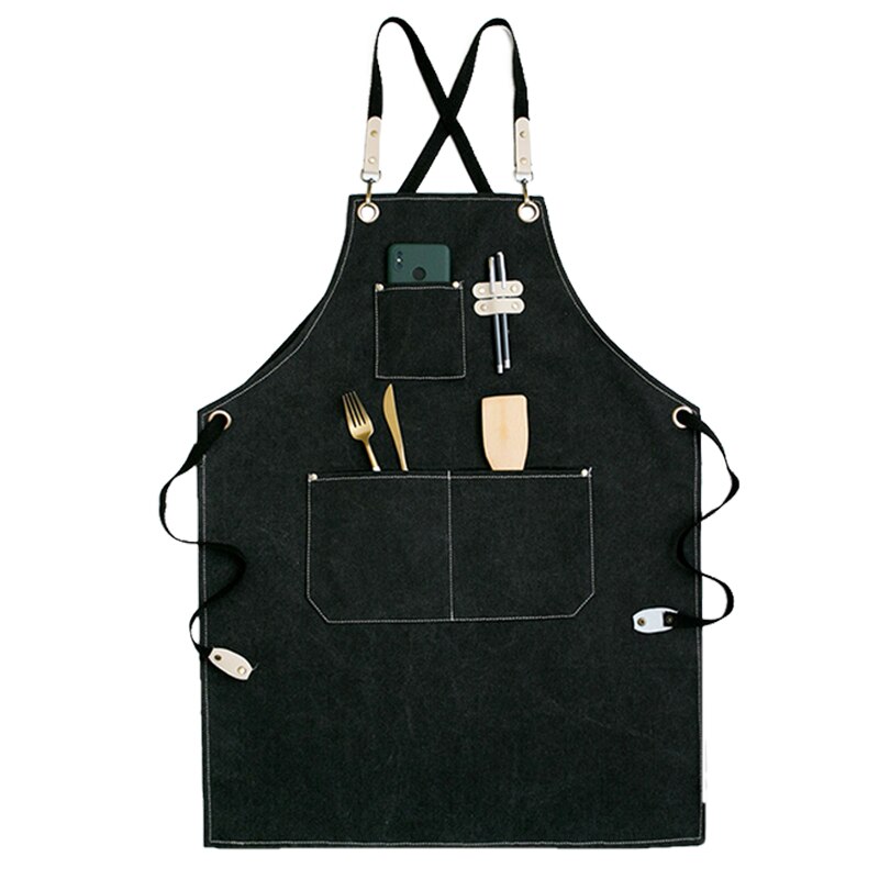 Solid Denim Pocket Bibs House Cleaning Working Coffee Pinafore Canvas Apron Kitchen Accessories Shop Cooking Baking Accessories: 2WQ-46447-006