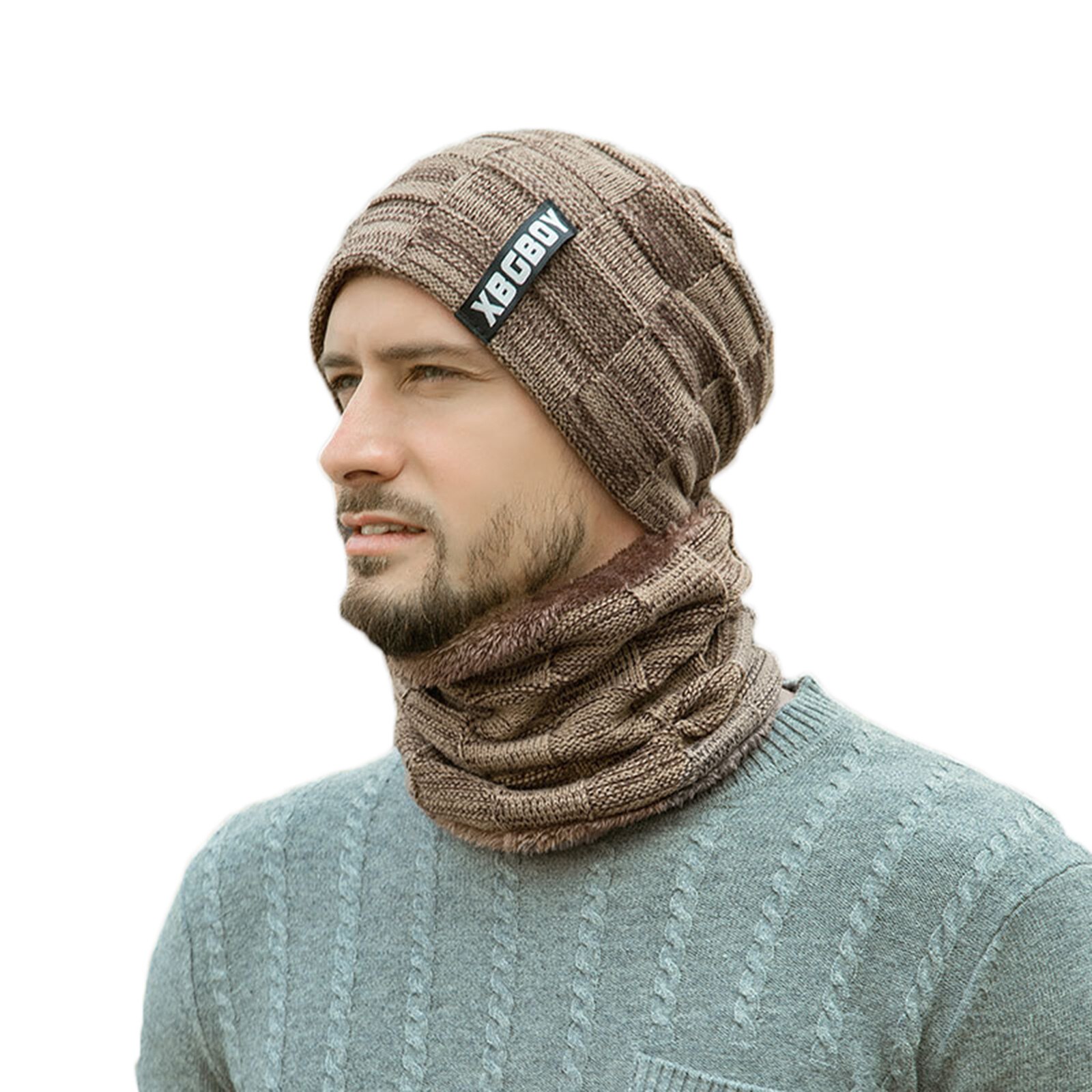 Winter muts sjaal dikke fleece gevoerde warme gebreide skimutsen voor heren jongen  ty66: Khaki / Xs