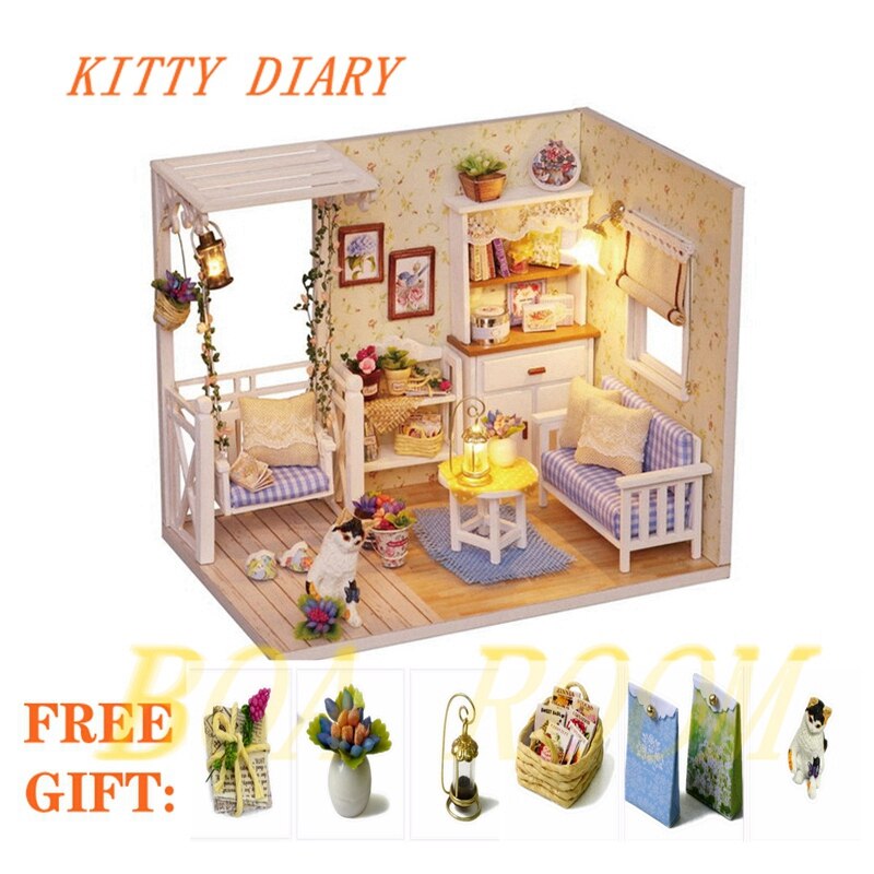 Box teater dukkehus miniature legetøj med møbler kanin diy miniature dukkehus førte lys legetøj til børn fødselsdag  q10: H013
