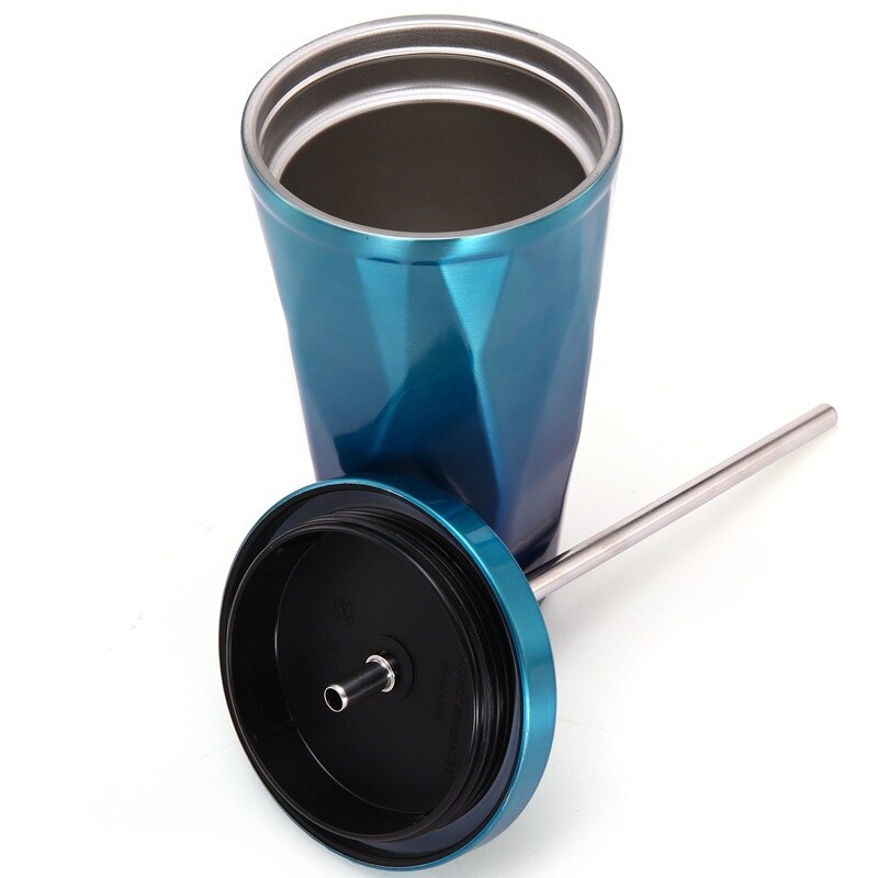 0.5 l garrafa de água canecas irregular parede dupla copos de aço inoxidável praia arco-íris gelo vinho copo com tampa canudos garrafas wj826