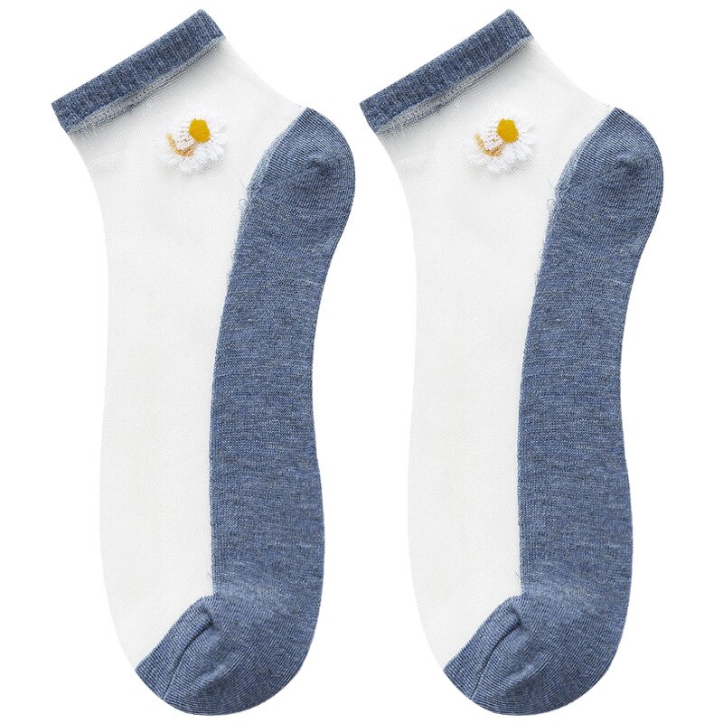 Calcetines de malla ultrafinos para mujer, medias transparentes de seda y fibra de vidrio, tobilleras, margaritas y flores, Sexy, 5 par/lote