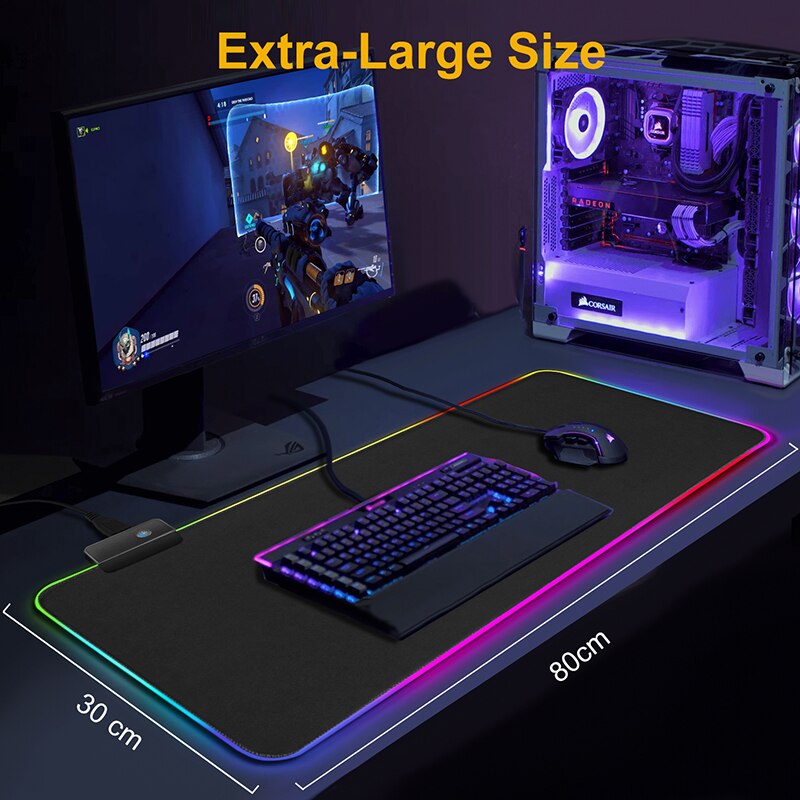 Alfombrilla de ratón RGB personalizada para Gaming alfombrilla de ratón para Gaming, color negro, LED, XXL Alfombrillas grandes de ratón, gran alfombra de escritorio con Teclado retroiluminado de 90x40mm