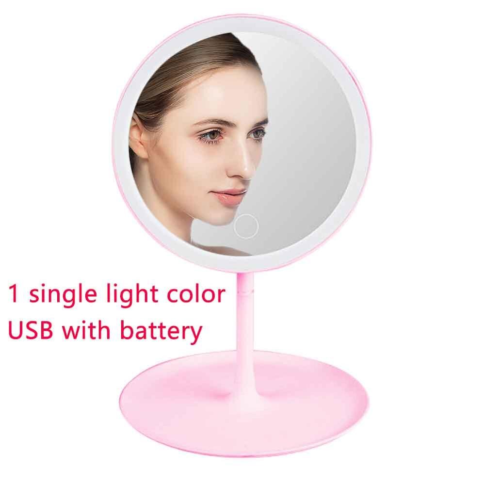 Espejo de maquillaje redondo con luces LED para mujer, iluminación de aumento de 360, espejo cosmético con luz nocturna: USB battery pink