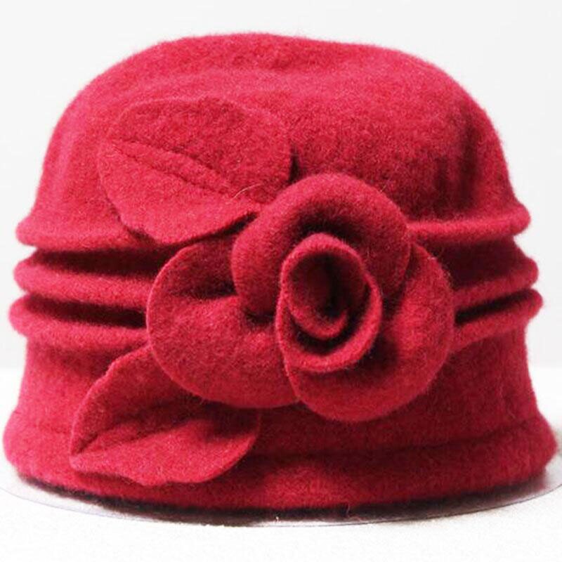 Chapeau melon cloche pour femme, 100%  chapeaux derby en feutre de laine avec fleur, bleu, rouge, kaki, gris, noir, rose: Rouge