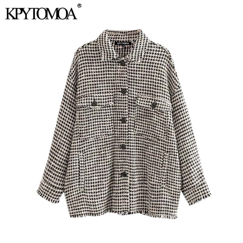 Chaqueta escocesa de Tweed de estilo Vintage con flecos Deshilachados, de gran tamaño, abrigo para mujer, , manga larga, bolsillos, prendas de vestir exteriores, Tops Chic