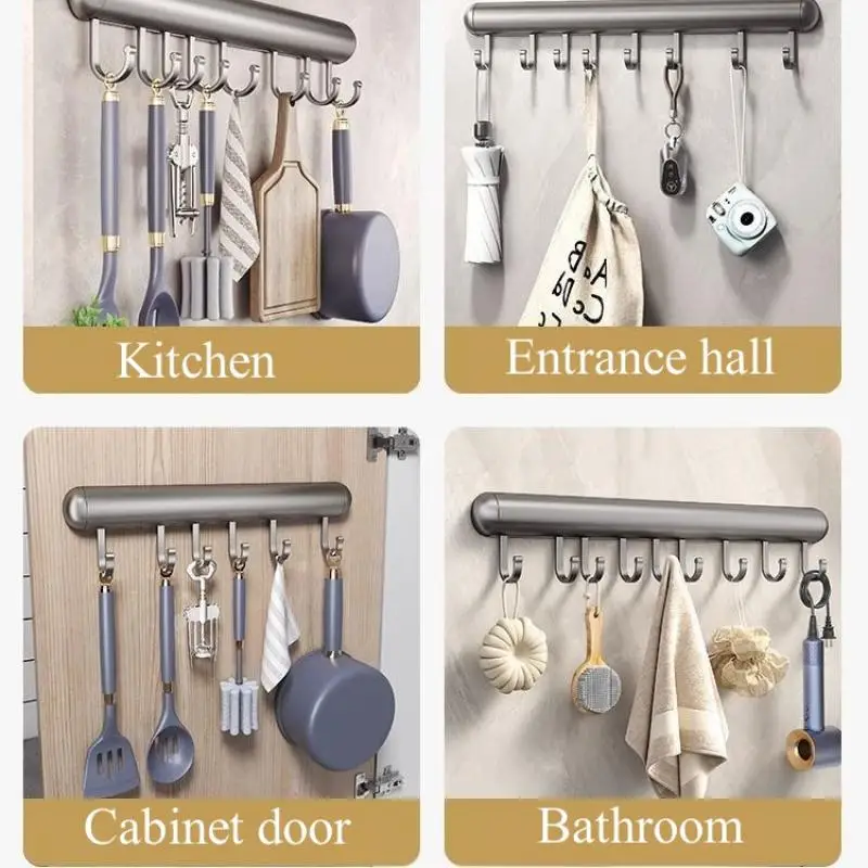 Kitchen Hook Holder Punch-Free Hanging Rod Wall-Mounted Storage Rack Spatula Spoon Hanger Removable Space Aluminum Hook Hangers