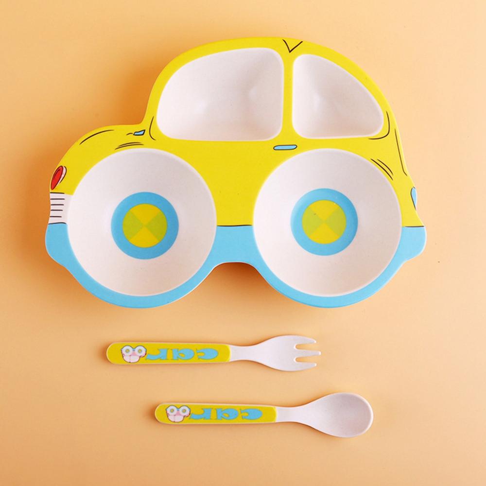 Children's Plate Cute Car Cartoon Household Dishes Bowls Baby Feeding Plate Toddlers Eating Tray Fork Spoon Set: Yellow
