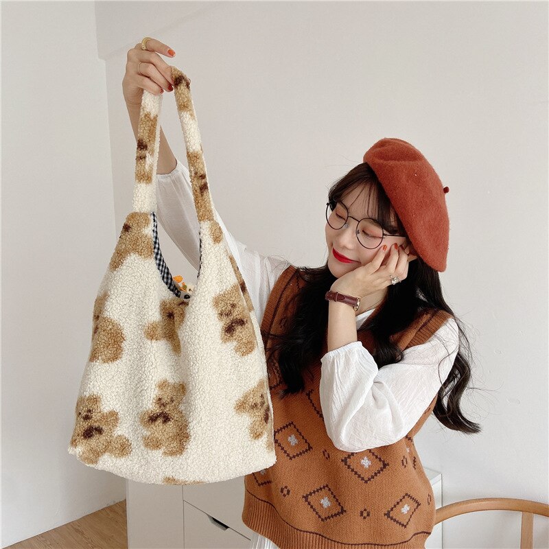 Bont shopper schoudertas grote pluche winter shopping handtas voor vrouwen eco shopper tassen portemonnees: Beige